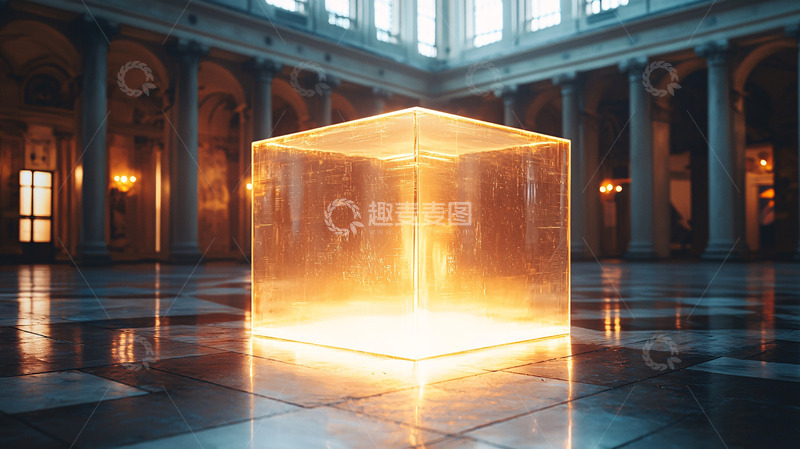 高清大图下载【趣麦麦图】金色发光立方体在古典大厅