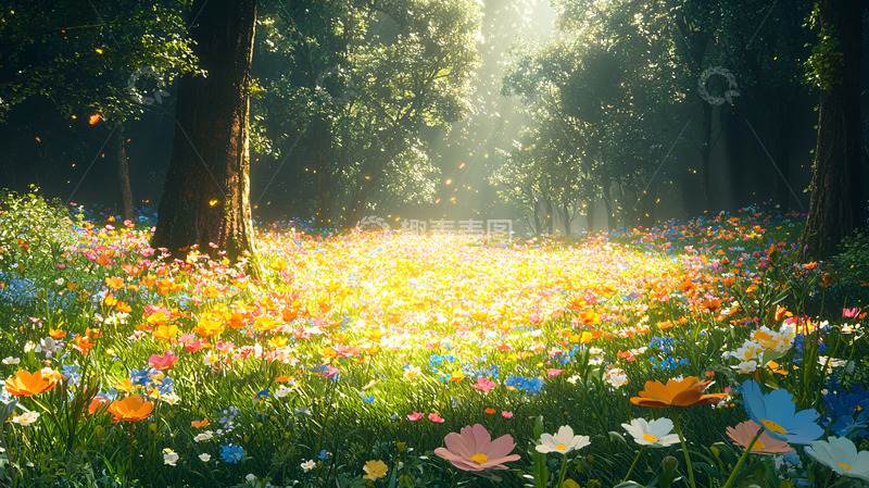 高清大图下载【趣麦麦图】阳光洒满鲜花的森林