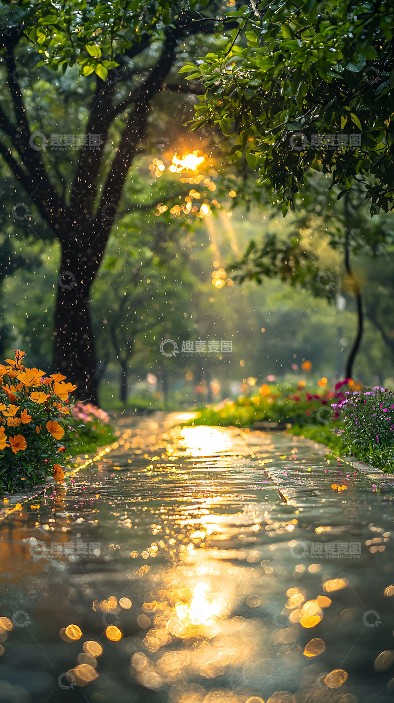 高清大图下载【趣麦麦图】雨后花园小路阳光洒落