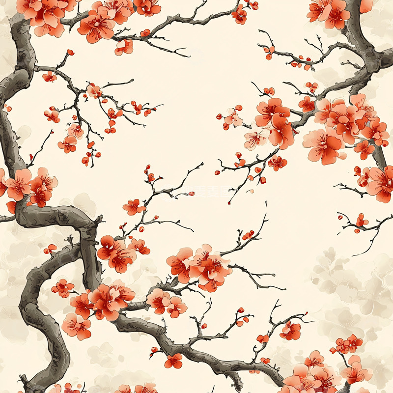 高清大图下载【趣麦麦图】水墨风格的红色梅花图案