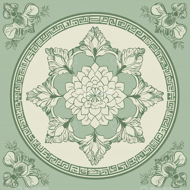 高清大图下载【趣麦麦图】绿色花卉对称圆形图案