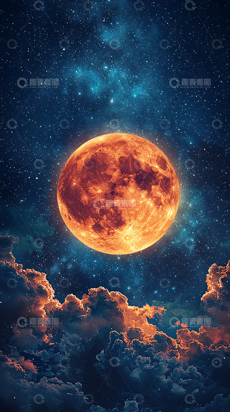 高清大图下载【趣麦麦图】红色满月悬挂星空