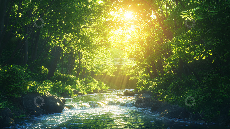 高清大图下载【趣麦麦图】阳光穿过树林的小溪