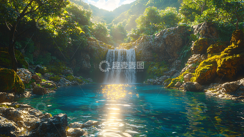 高清大图下载【趣麦麦图】山间瀑布清澈见底