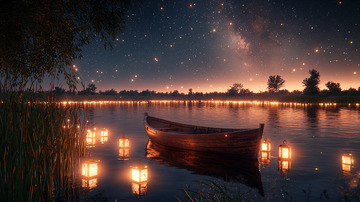 宁静湖面星空船只灯光