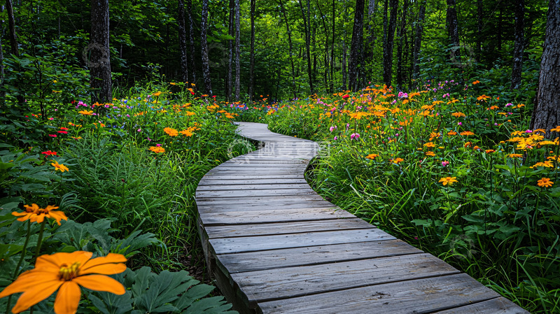 高清大图下载【趣麦麦图】林间木栈道鲜花盛开