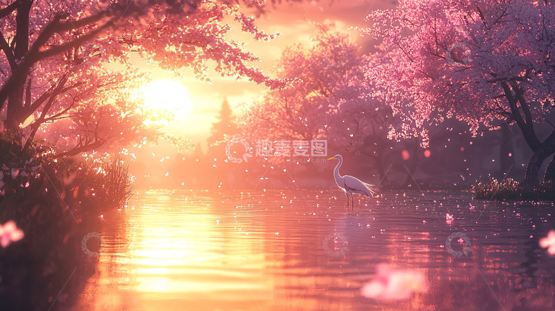 高清大图下载【趣麦麦图】樱花树下的唯美日落