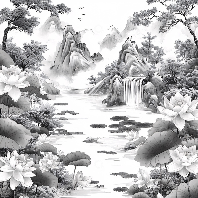 高清大图下载【趣麦麦图】黑白水墨山水莲花图