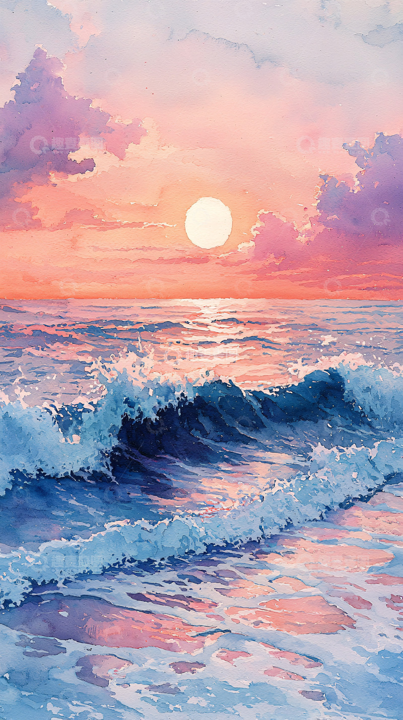 高清大图下载【趣麦麦图】海浪夕阳水彩梦幻