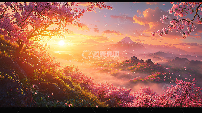 高清大图下载【趣麦麦图】樱花山景日落唯美背景