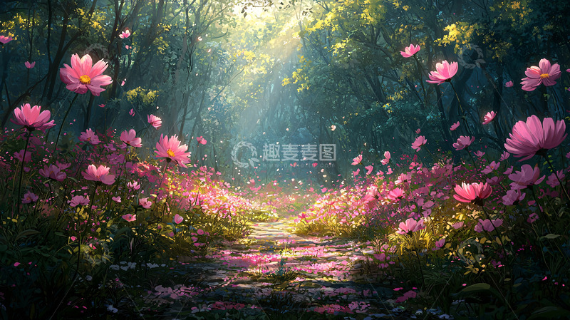 高清大图下载【趣麦麦图】梦幻森林小路鲜花盛开