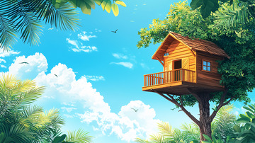 卡通树屋在丛林中