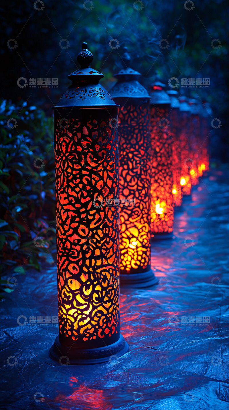 高清大图下载【趣麦麦图】夜晚小路边一排镂空灯笼