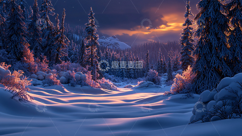 高清大图下载【趣麦麦图】雪地森林日落美景