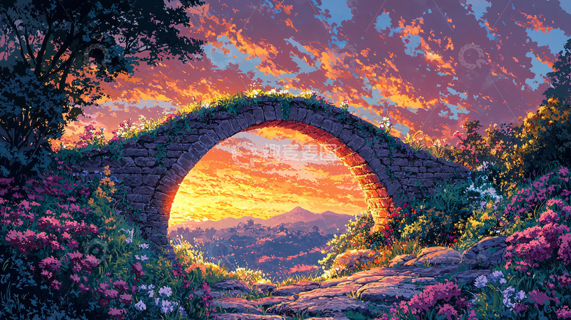 高清大图下载【趣麦麦图】石桥下的金色日落