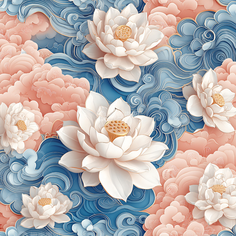 高清大图下载【趣麦麦图】粉色云雾蓝色水波白色莲花