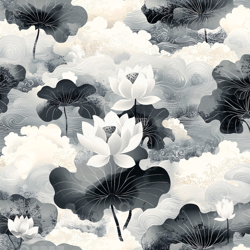 高清大图下载【趣麦麦图】水墨风荷花白云缭绕图