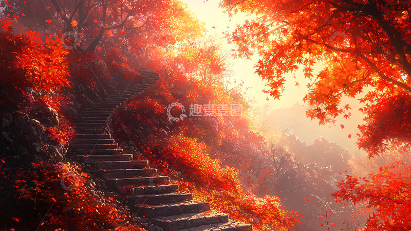 高清大图下载【趣麦麦图】秋日红色树木覆盖的山路