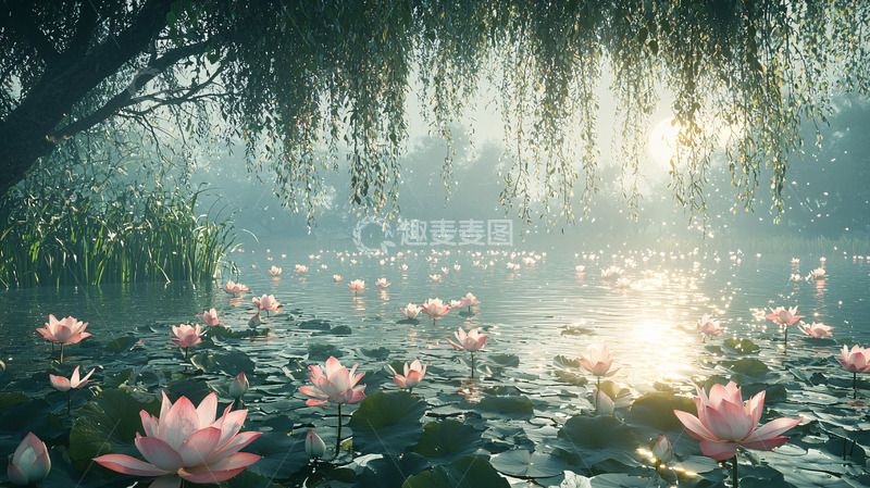 高清大图下载【趣麦麦图】宁静的池塘莲花盛开