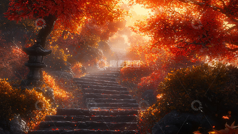 高清大图下载【趣麦麦图】秋日金色阳光下的石阶小路