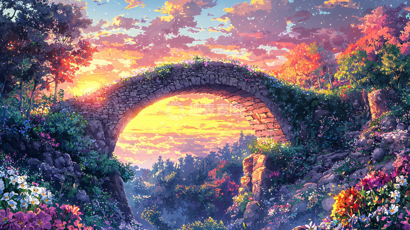 高清大图下载【趣麦麦图】唯美童话风石桥日落景色