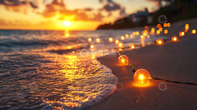 高清大图下载【趣麦麦图】海滩夕阳灯光浪漫氛围