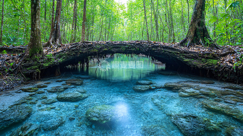 高清大图下载【趣麦麦图】林间小溪上的树干桥