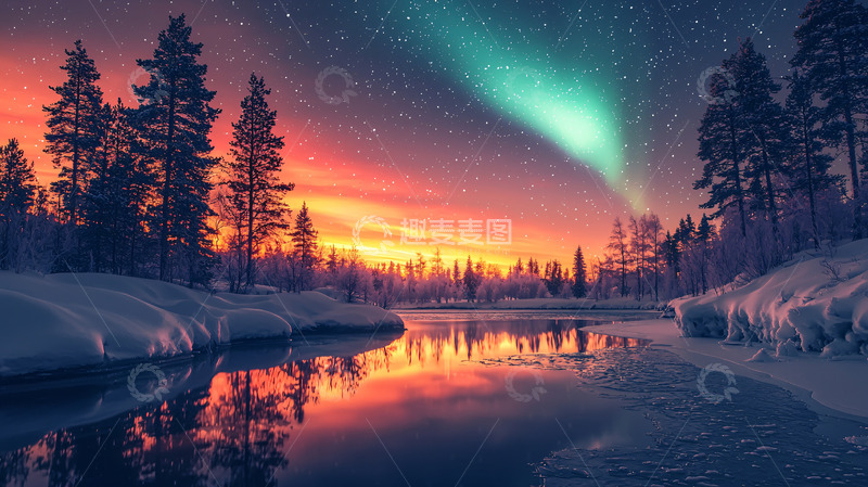 高清大图下载【趣麦麦图】极光下的雪景森林夜空