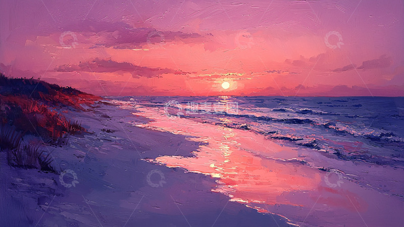 高清大图下载【趣麦麦图】粉色日落海滩美景