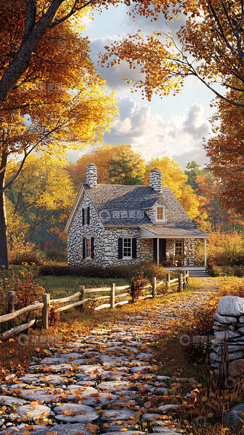 高清大图下载【趣麦麦图】秋日乡村石头小屋