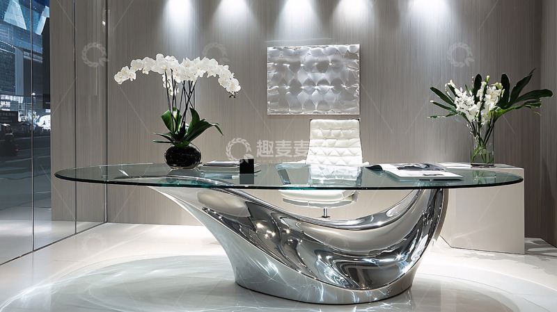 高清大图下载【趣麦麦图】银色现代办公桌与白色鲜花
