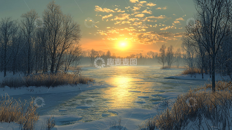 高清大图下载【趣麦麦图】冬日宁静的湖面日出