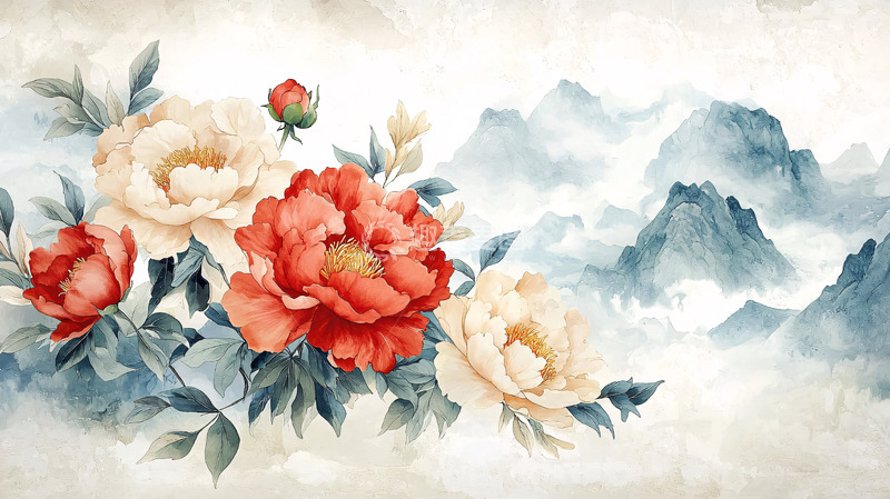 高清大图下载【趣麦麦图】国风牡丹山水画