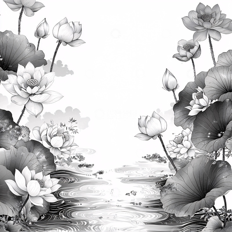 高清大图下载【趣麦麦图】黑白莲花水墨画风