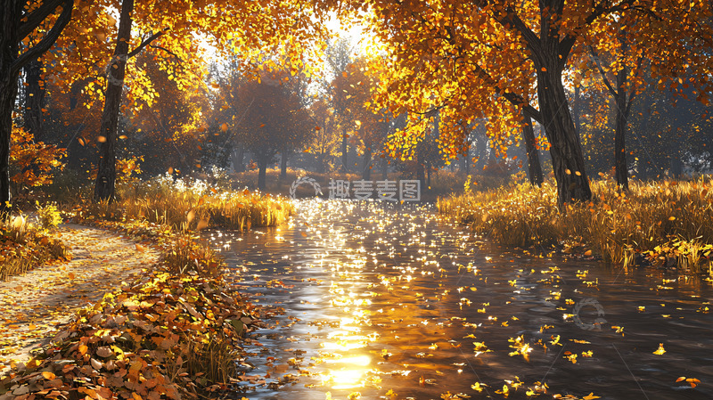 高清大图下载【趣麦麦图】秋日阳光下的河流树林