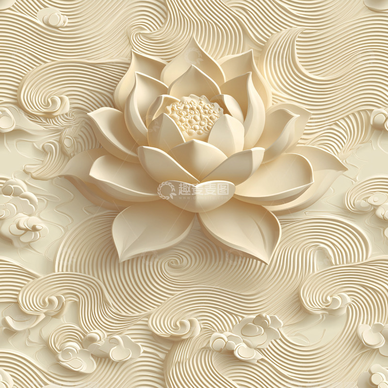 高清大图下载【趣麦麦图】米色浮雕莲花与祥云图案
