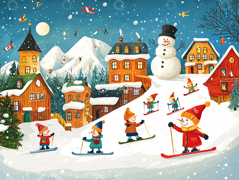 高清大图下载【趣麦麦图】雪中小镇与滑雪小矮人