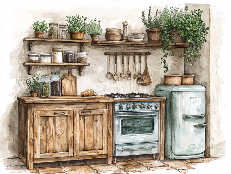 高清大图下载【趣麦麦图】水彩风格的乡村厨房