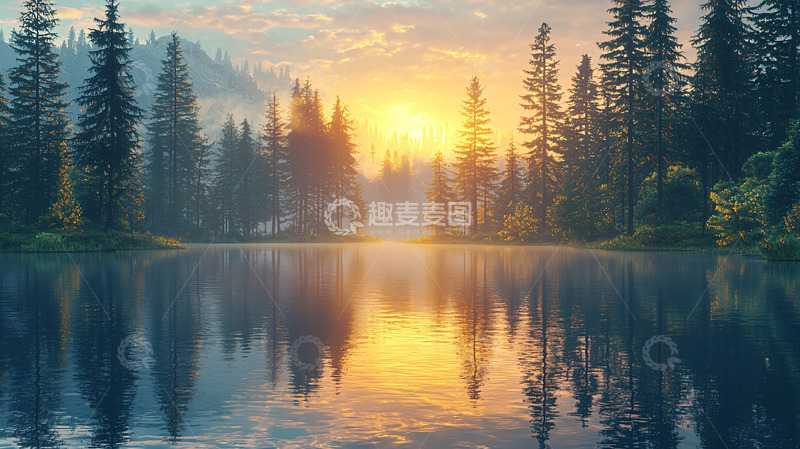 高清大图下载【趣麦麦图】宁静湖面森林日出倒影