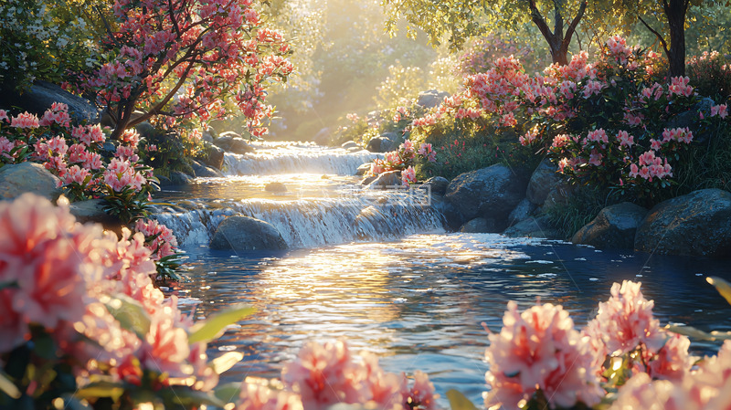 高清大图下载【趣麦麦图】鲜花盛开的小溪流水
