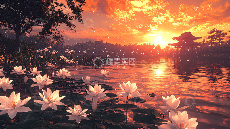 高清大图下载【趣麦麦图】唯美日落下的莲花池塘