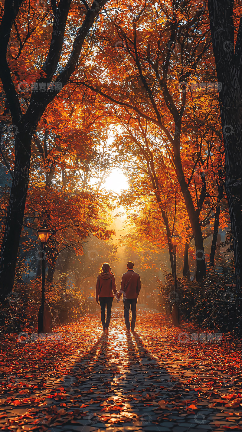高清大图下载【趣麦麦图】秋日情侣漫步