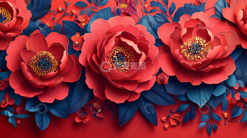 高清大图下载【趣麦麦图】红色剪纸花卉背景