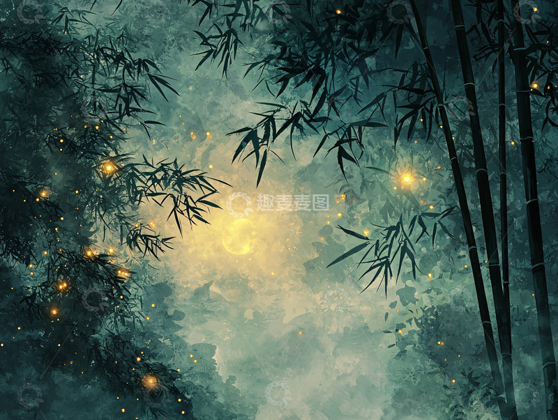 高清大图下载【趣麦麦图】水墨风竹林萤火梦幻夜景