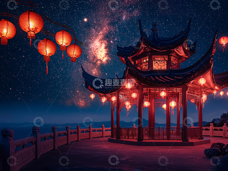 高清大图下载【趣麦麦图】中国风夜景亭台灯笼星空