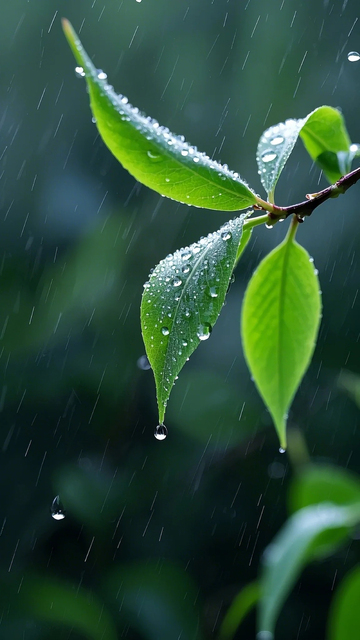 叶子雨滴特写大雨植物叶尖1