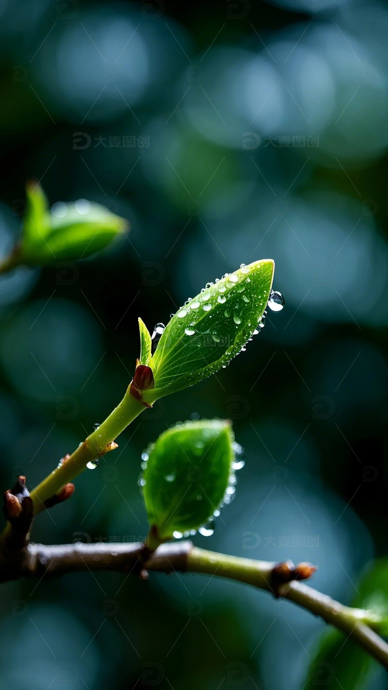 高清大图下载【趣麦麦图】新芽植物特写雨滴大雨嫩叶