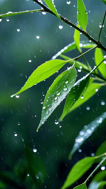 叶子雨滴特写大雨植物叶尖