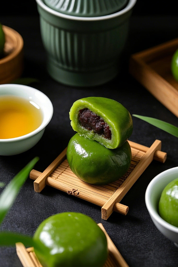 黑色背景竹制摆盘光滑圆润的青团