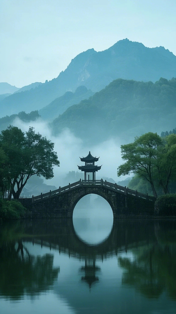 江南古桥山峦晨雾新中式极简